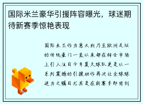 国际米兰豪华引援阵容曝光，球迷期待新赛季惊艳表现