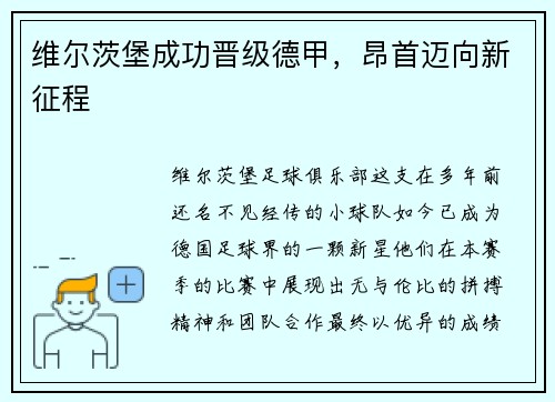 维尔茨堡成功晋级德甲，昂首迈向新征程